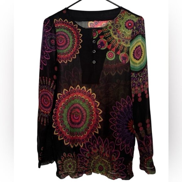 Desigual Black Vibrant Multicolor Sheer Long Sleeve Mandala Tunic Top Size Small - Picture 5 of 11